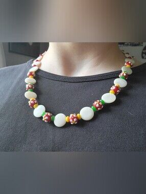 Artisan Necklace W/ Clasp, Extension Chain, Red Millefiore, White MOP Beads